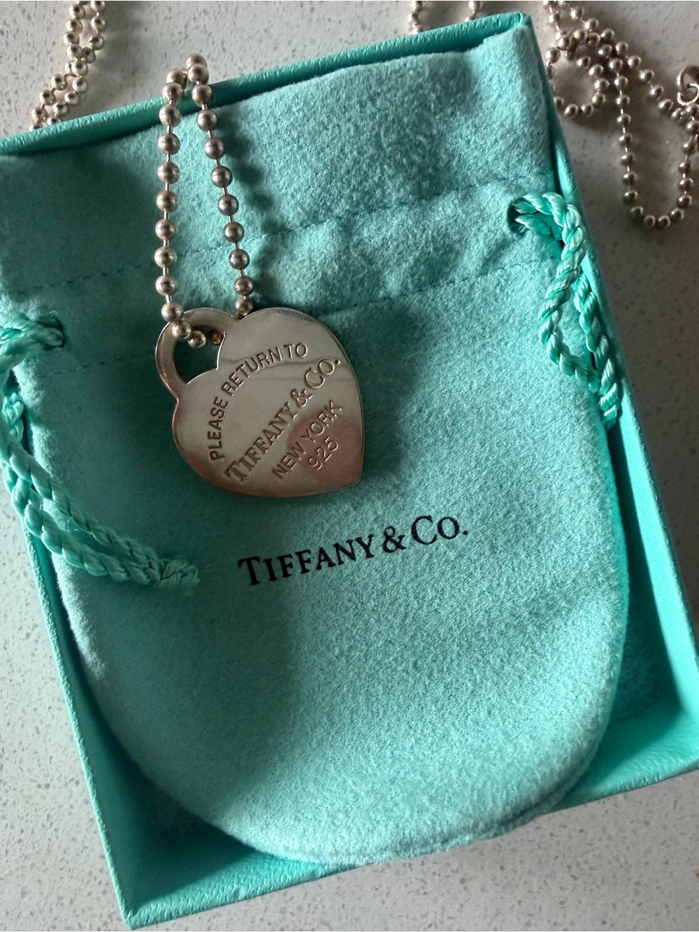 Tiffany & Co. Sterling Silver Heart Tag Necklace with Blue Pouch